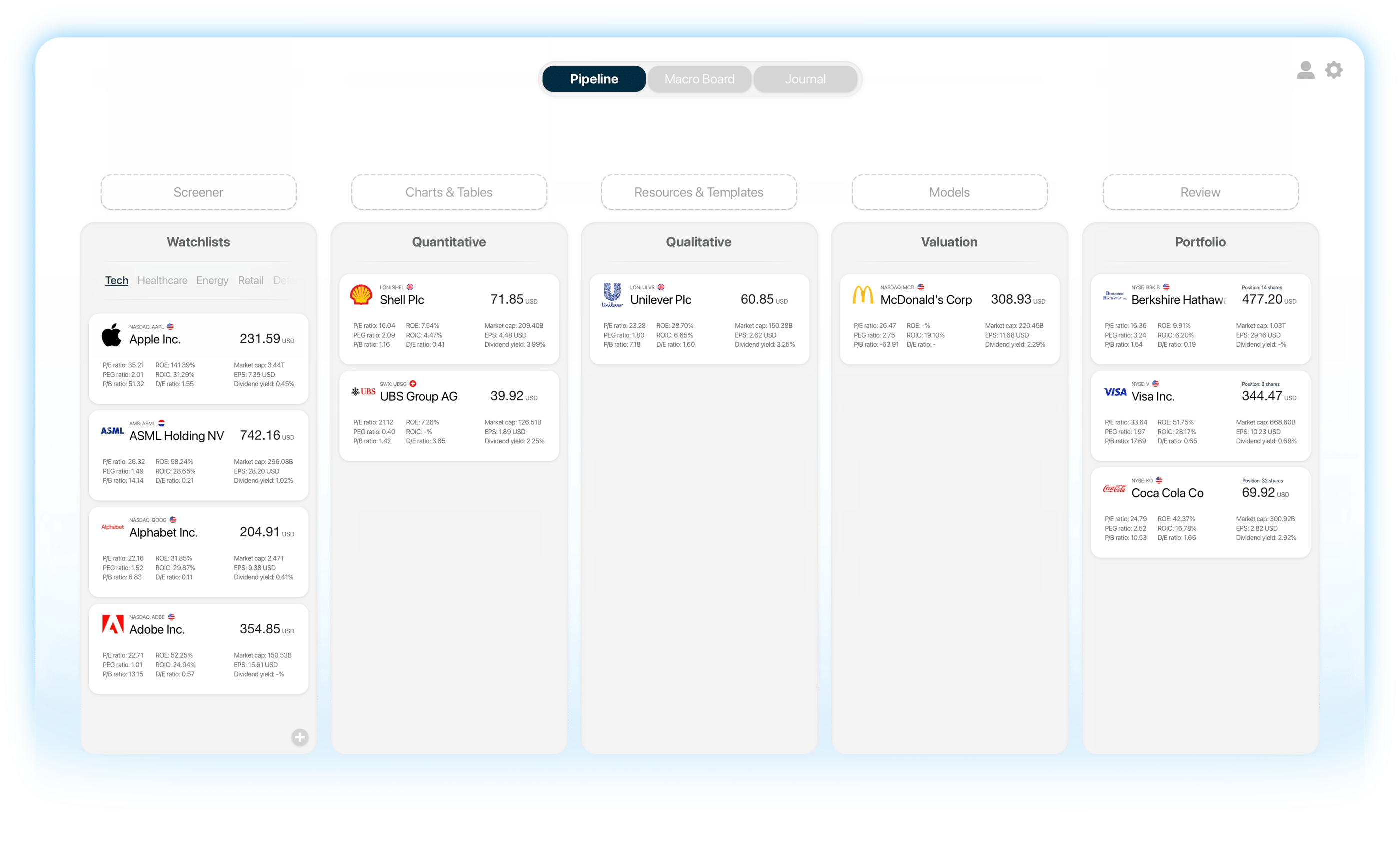 Filters stock research platform home screen