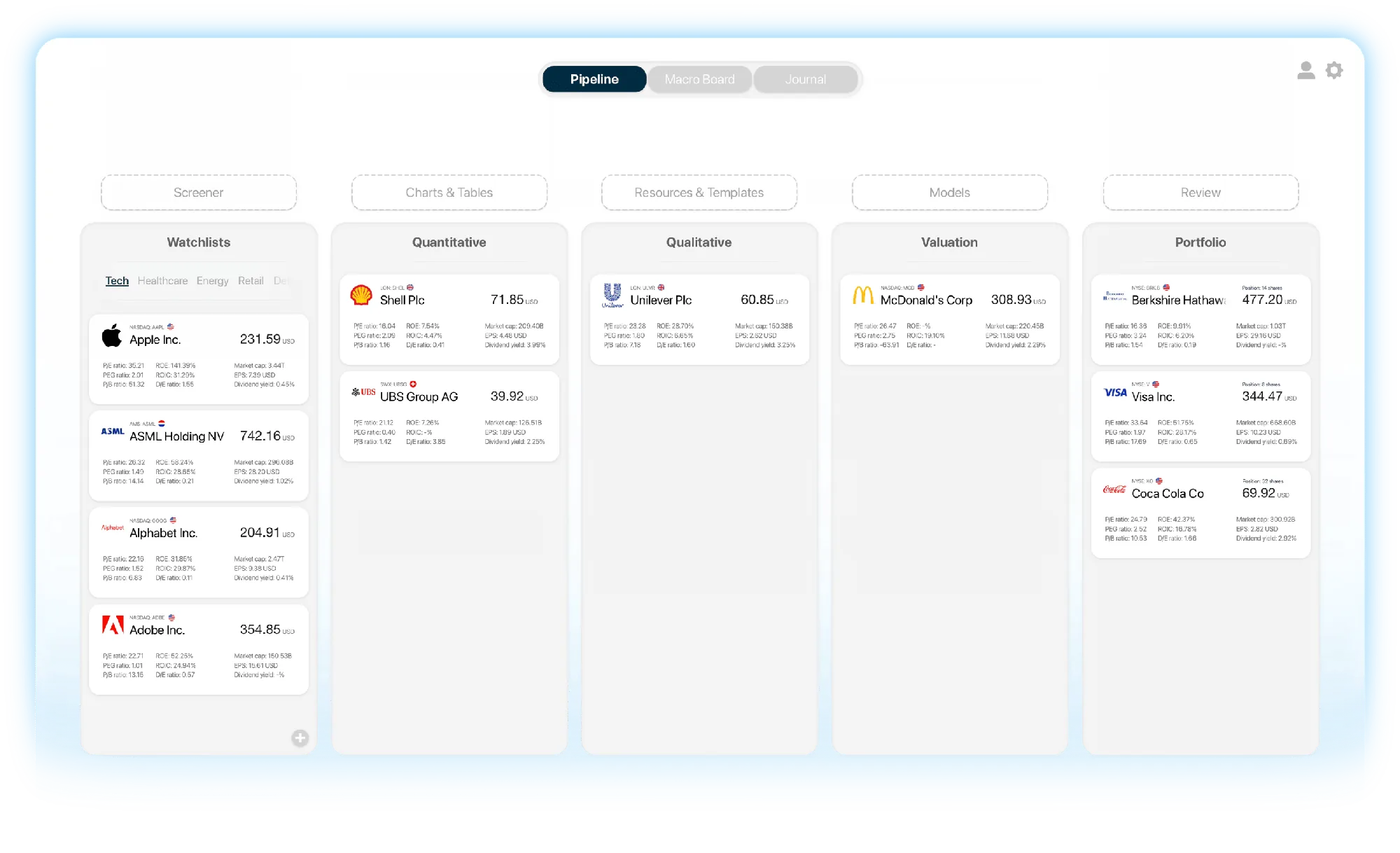 Filters stock research platform home screen